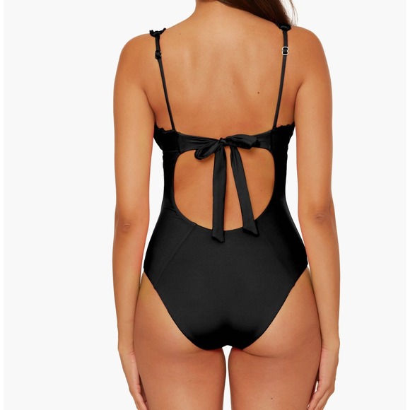 BECCA by Rebecca Virtue Frills Plunge Black Lace Trim V Neck One Piece Sz S NWT - Picture 4 of 9